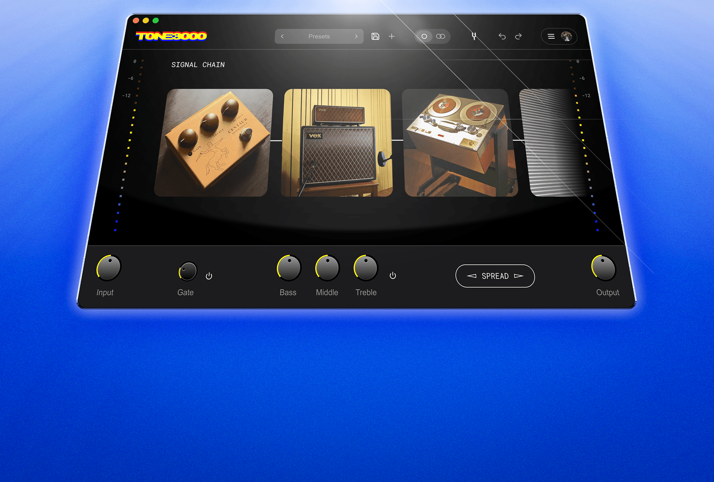 The TONE3000 plugin playing a signal chain of captured gear